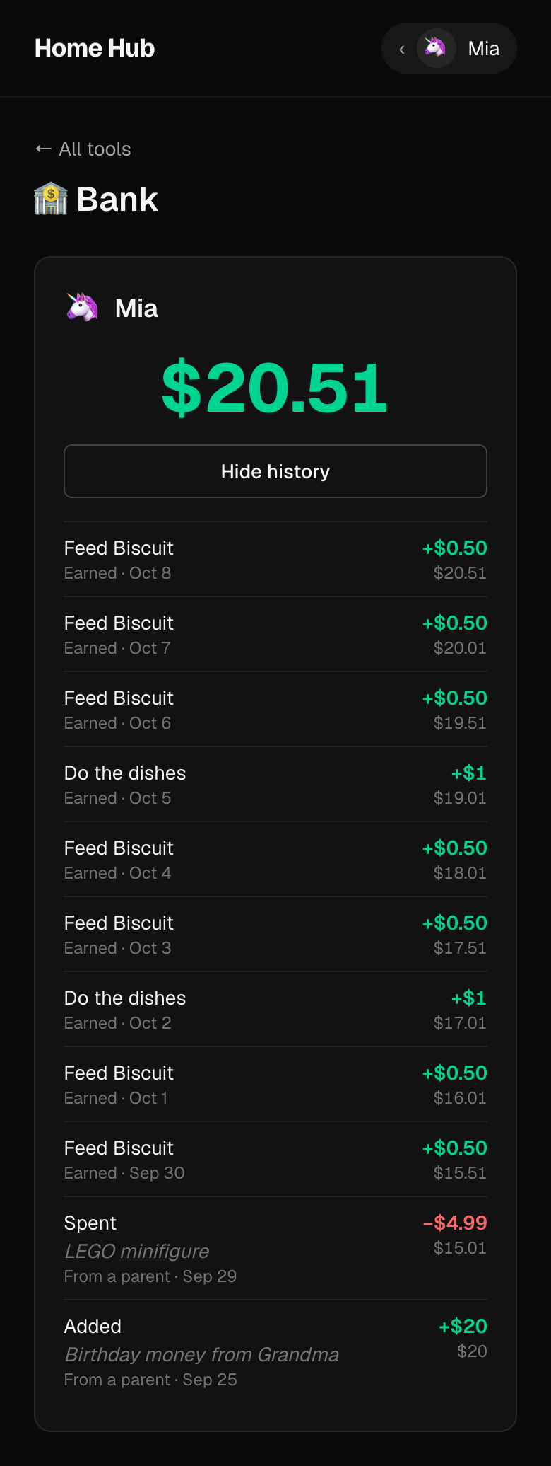 Mia's bank account: a $20.51 balance and a history of chore earnings, a LEGO purchase and birthday money, each with a running total.