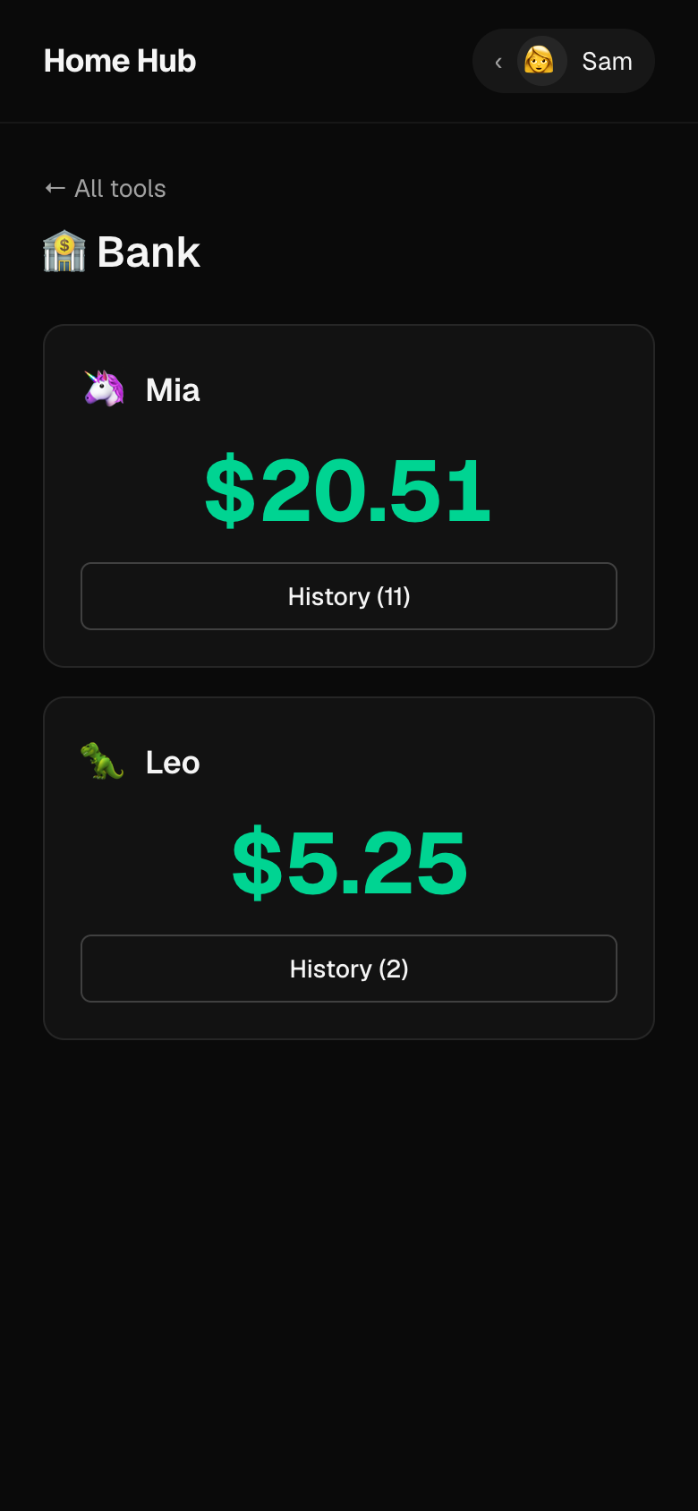 The parent's bank view with Mia's and Leo's balances side by side.
