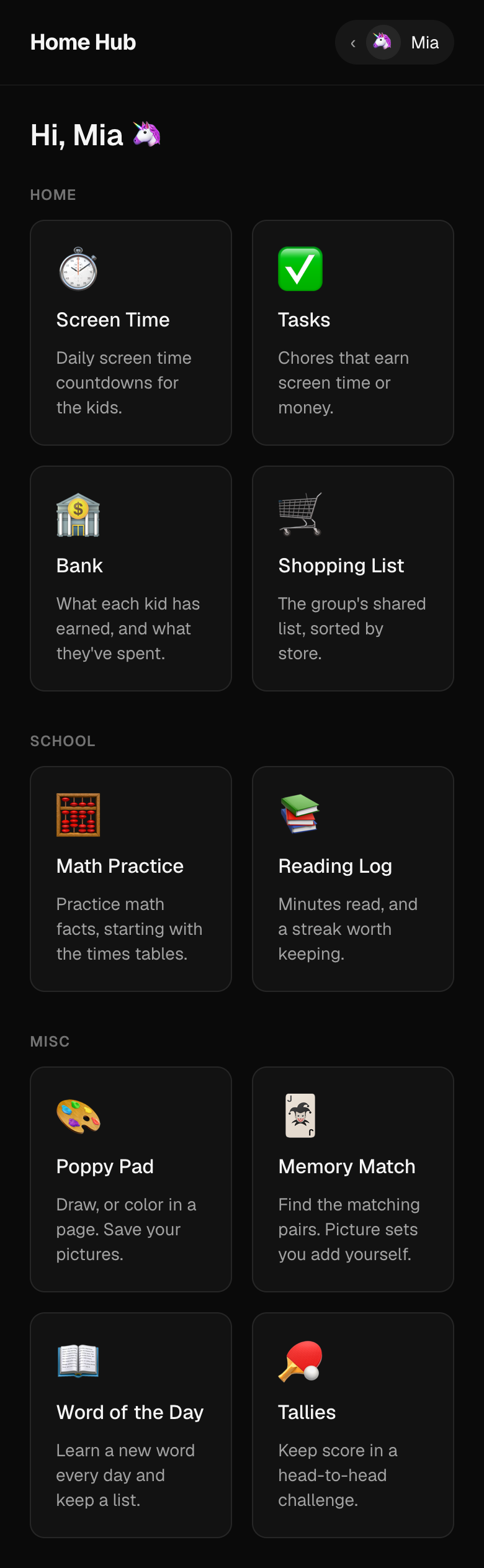 Mia's home screen with her tools grouped into Home, School and Misc.