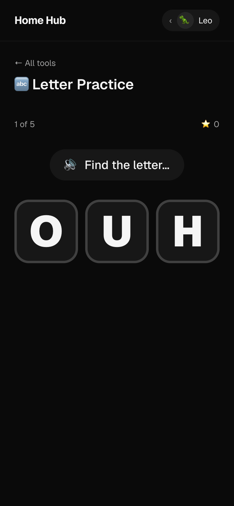Letter Practice asking Leo to find a letter among three big choices.