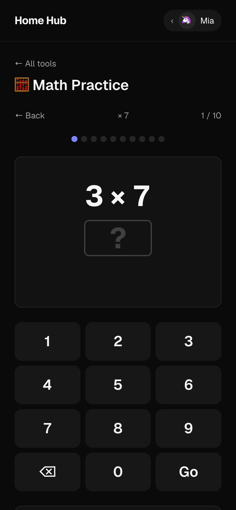 Math Practice asking 3 times 7, with a big number pad.