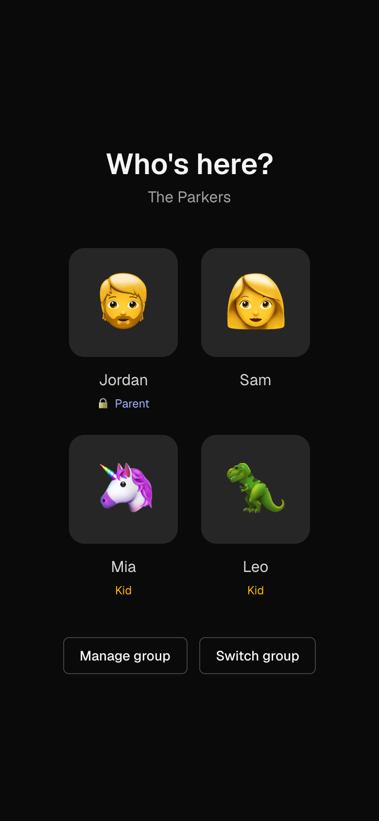 The Who's here? screen with a profile for each family member: Jordan, Sam, Mia and Leo.