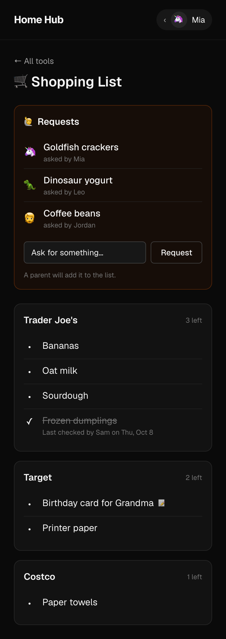 Mia's view of the shopping list, where she can request something and a parent will add it.