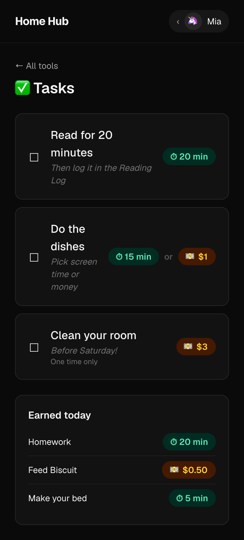 Mia's chore list: Read for 20 minutes for 20 minutes of screen time, Do the dishes for 15 minutes or one dollar, Clean your room for three dollars, and what she's earned today.