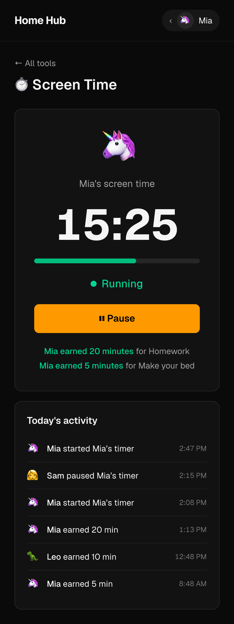 Mia's screen-time timer counting down from 15 minutes 25 seconds, the minutes she earned for homework and making her bed, and today's shared activity log.